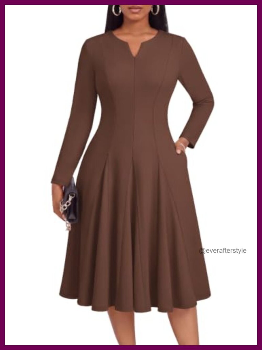 Womens Long Sleeve Midi A-Line Dress Side Pockets Cocktail Wedding Guest